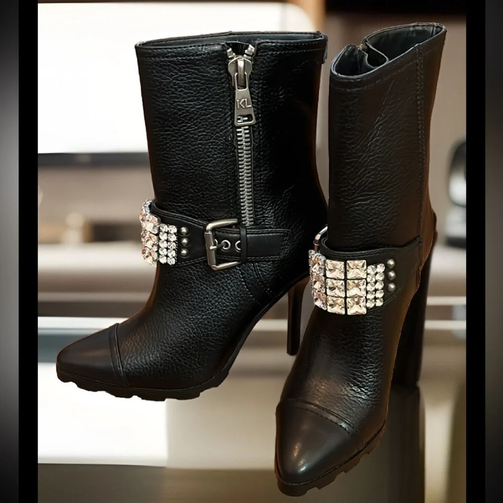 Karl Lagerfeld Mable Lug-Sole Heeled Black Boot W/Crystal & Polished Studs Strap
